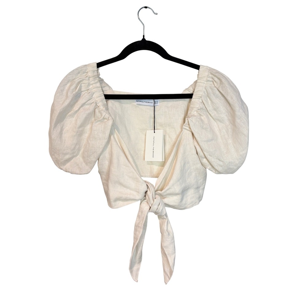 Faithfull The Brand Eva Top Linen Puff Sleeve Tie Front Crop Eggshell Small NWT